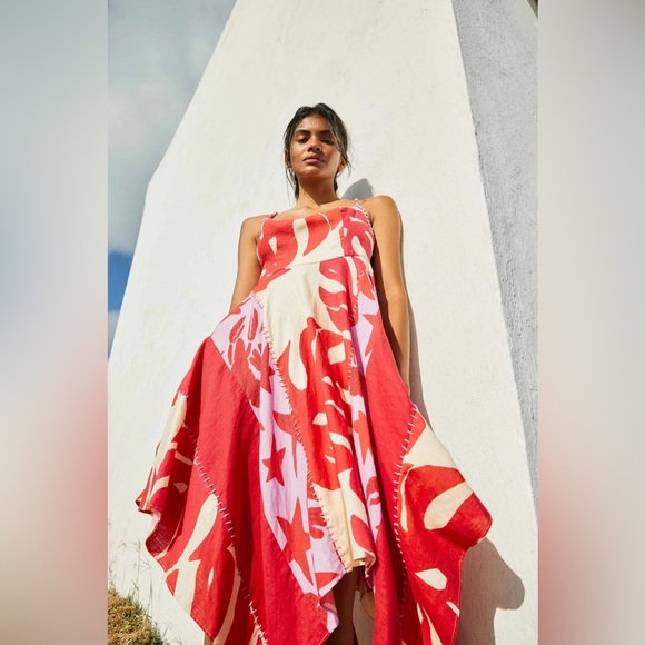 Farm Rio NWT Mixed Red Monstera Asymmetrical Midi Dress size S - Picture 2 of 7